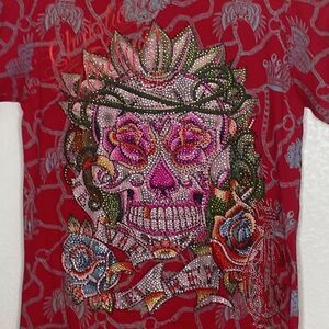 CHRISTIAN AUDIGIER Women’s All Over Print Red T Shirt w/ Fully Beaded Skull XXL.